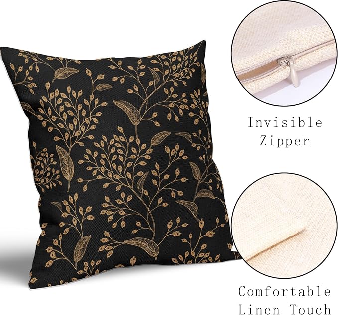 Boho Pillow Covers 18X18 Inch Set of 2 Black Gold Floral Leaves Decorative Pillow Cases Vintage Flower Leaf Cotton Linen Cushion Case Farmhouse Home Decor for Sofa Couch Porch Outdoor