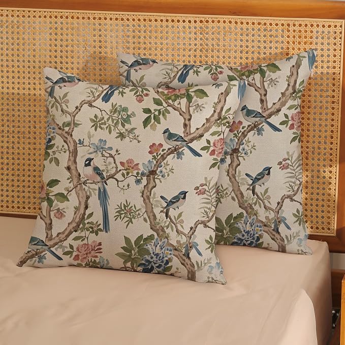 Navy Blue Green Flower Bird Pillow Covers 18x18 Set of 2 Chinoiserie Floral Throw Pillows Vintage Bird Decorative Pillow Cases Outdoor Chinoiserie Decor Farmhouse Cushion Case for Couch Sofa