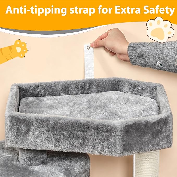 BEWISHOME Cat Tree with Scratching Post, Cat Tower for Indoor Cats | Cat Trees with Cat Bed for Adult Cat or kitten, Cat Condo and Cat Toy Balls Playful, Gray MMJ97G