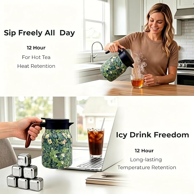 Insulated Stainless Steel Teapot, 35 Oz Vintage Floral Design with Removable Tea Infuser, 12Hr Hot & Cold Retention for Home Kitchen(Retro Floral Green)