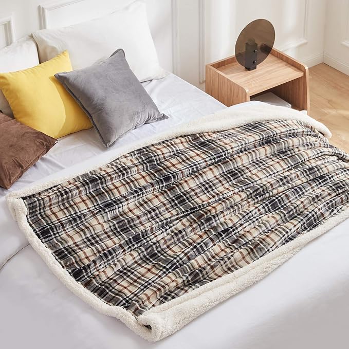 Sherpa Plaid Throw Blanket, 60" X 70"Fuzzy Fluffy Cozy Soft Blanket, Fleece Flannel Plush Twin Size Microfiber Blanket for Couch Bed Sofa (Brown)