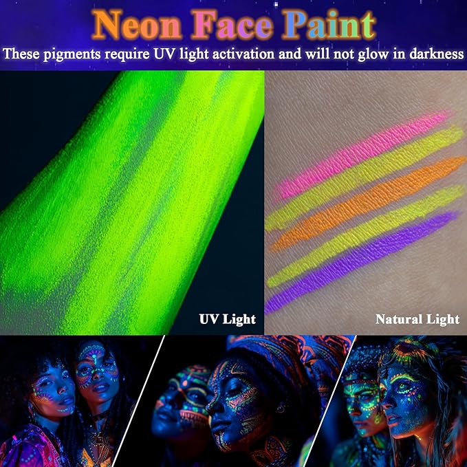 Glow in the UV Light Paint, Non-Toxic Neon Face Paint, Washable & Compact Glow Face Paint for Halloween, Cosplay, Party 12 PCS
