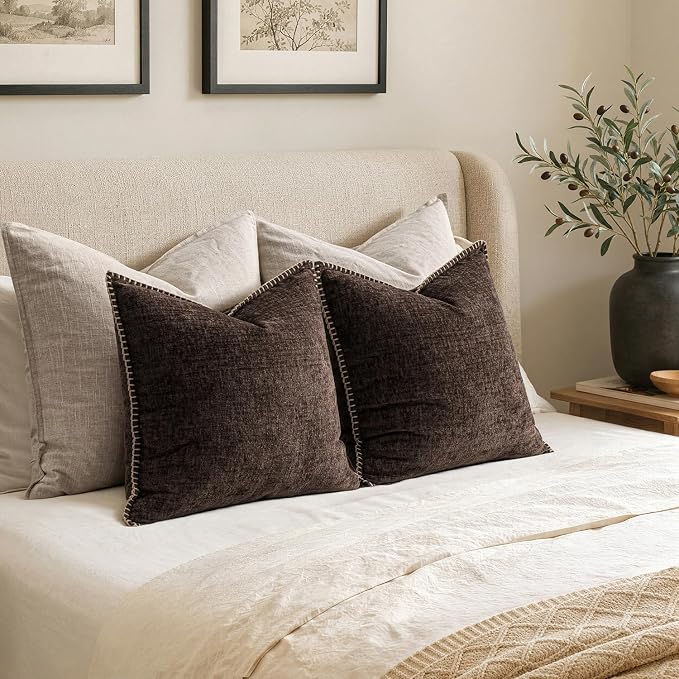 MIULEE Decorative Couch Throw Pillow Covers 20x20 Inch Dark Brown 2 Pack | Farmhouse Pillow Covers with Stitched Edge, Soft Chenille Cushion Cases, for Sofa Bed Living Room Home Decor