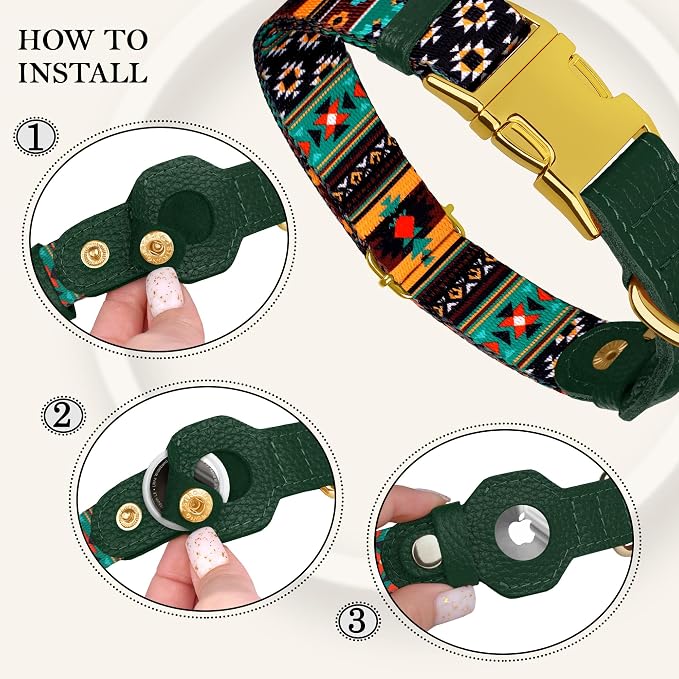 AirTag Dog Collar for Small Medium Large Breed - Adjustable Cute Pattern Dog Collar with Airtag Holder - Soft Leather Tracker GPS Apple Air Tag Pet Collars (Small, 12"-15" Neck Fit, Tribal)
