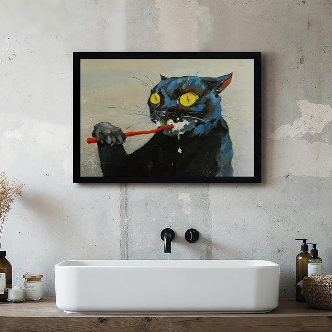 ICHZUMW Framed Funny Black Cat Bathroom Decor Canvas Wall Art, 16x24 Inches | Quirky Black Cat Brushing Teeth Painting, Humorous Bathroom Wall Decor, Restroom Powder Room, Fade Resistant, Ready to Hang