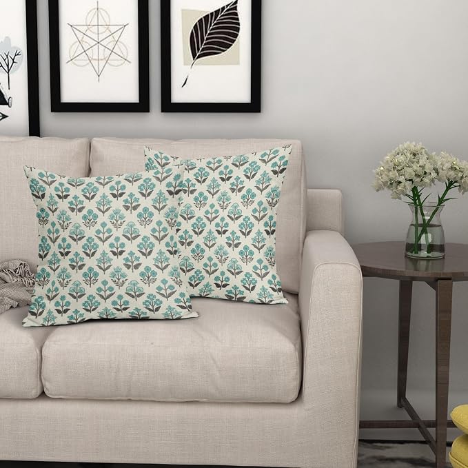 Black Teal Floral Pillow Covers 18x18 Inch Set of 2, Spring Summer Vintage Flower Block Print Pattern Decorative Throw Pillowcases Outdoor Boho Farmhouse Cushion Covers Seasonal Sofa Couch Bed Decor