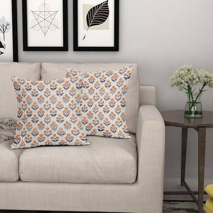 Navy Blue Orange Floral Block Print Pillow Covers 20x20 Inch Set of 2, Fall Vintage Flower Pattern Decorative Throw Pillowcases Outdoor Farmhouse Cushion Covers Seasonal Rustic Sofa Couch Bed Decor