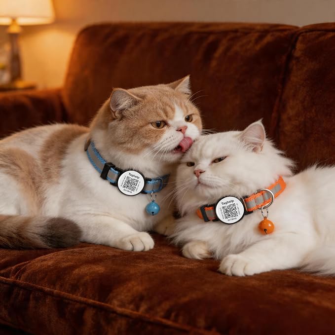 Smart QR Code Cat Collar 2-Pack, Breakaway Reflective Collar with Permanent Online Profile, Adjustable 7.5-12.5 Inch Safety Collar for Cats (Orang & Blue)