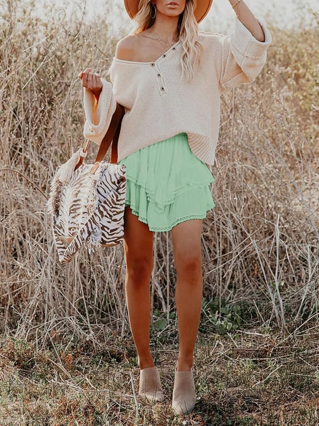 Flowy Shorts for Women Casual Boho Ruffle Tiered Skorts High Waist Mini Skirts Golf Tennis Crochet Shorts