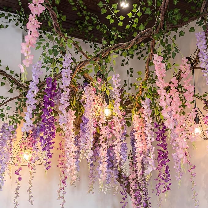 Wisteria Hanging Vines Flowers, Fairy Classroom Ceiling Decor | Artificial Greenery for Enchanted Parties, Purple Pink White Strands for Indoor Outdoor Garden, DIY Ceiling Decoration Set