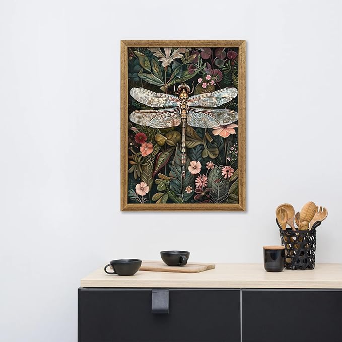 ICHZUMW Framed William Morris Vintage Dragonfly Canvas Wall Art 16x24 In | Dark Green Botanical Prints, Antique Aesthetic Wildflower Wall Decor for Bedroom Living Room Bathroom Office, Ready to Hang