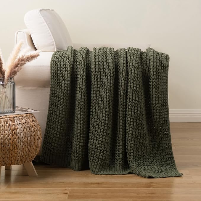 Olive Green Throw Blanket for Couch, Waffle Knit Blanket Throw 60"x80" | Chunky Chenille Throw Blanket, Soft Dark Green Throw Blanket for Home Decor, Sofa, Men, Modern Farmhouse Knitted Style