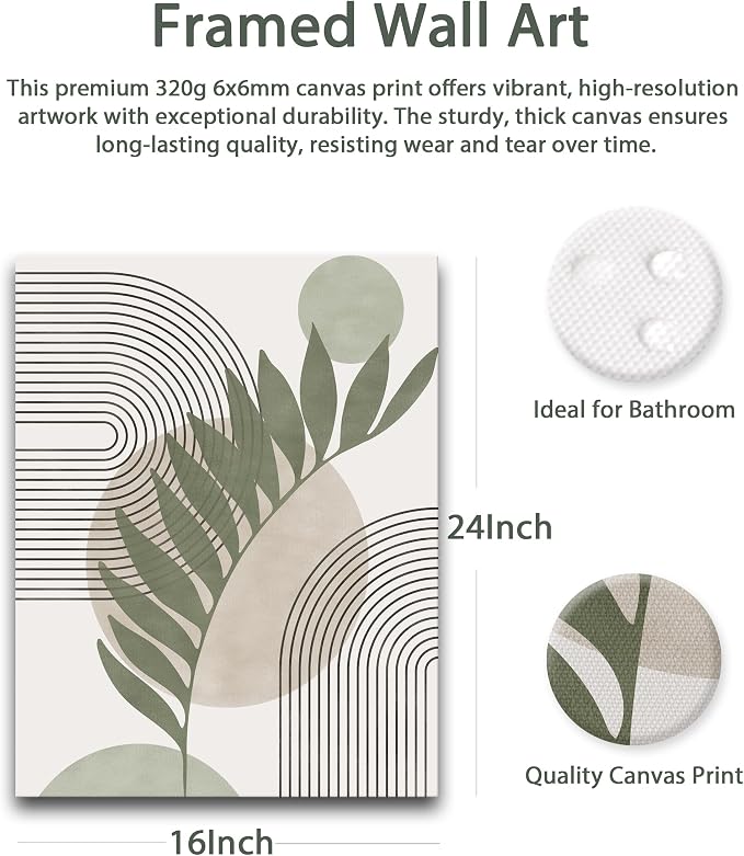 HesenDot 40x60CM Sage Green Boho Wall Art, Botanical Geometric Framed Canvas Bathroom Wall Art, Mid-Century Modern Wood Frame Abstract Prints for Living Room Bedroom Bathroom Home Decor, Set of 3