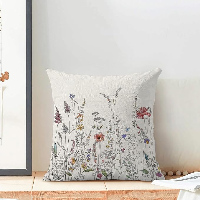AEIOAE Spring Pillow Covers 18x18 Inch Set of 2, Black Wild Flower Throw Pillows Case,Colorful Seasonal Floral Plant Outdoor Decorative Farmhouse Decor Cushion Covers for Home Sofa Bed Couch