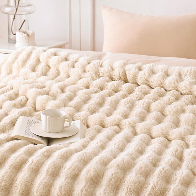 COOVA Faux Fur Throw Blanket for Couch, Cozy Soft and Fuzzy Plush Rabbit Fur Bubble Blanket for Sofa Bedroom Living Room, 60x80 Inches Light Taupe