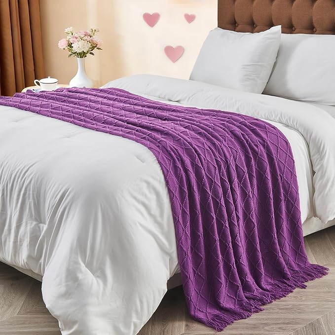 inhand Purple Knitted Throw Blanket for Couch and Bed, 60"x80" | Gifts for Mom from Daughter Son, Soft Lightweight with Tassels, Farmhouse Warm Decorative Blanket for Women, Cozy Knit