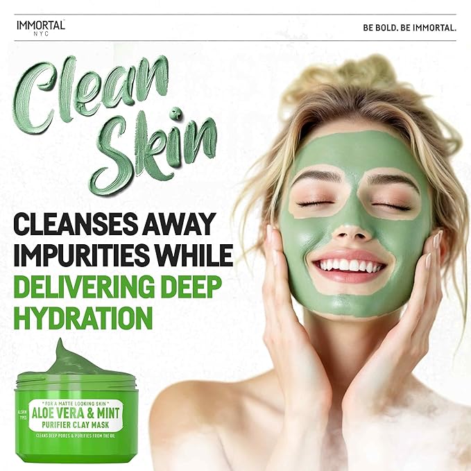 Immortal NYC - Aloe Vera & Mint Purifier Clay Mask – Face Mask for Matte Look Skin, Oil Control, Deep Cleansing & Refreshing Skincare. Great Gifts For Women & Men – 10 oz
