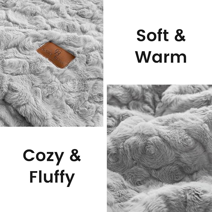 Cozy Bliss Faux Fur Throw Blanket for Couch, Fuzzy Soft Plush Thick Warm Fluffy Reversible Wave Textured Blanket for Sofa Bedroom Living Room, 55 * 70 Inches Grey (Pack of 2)
