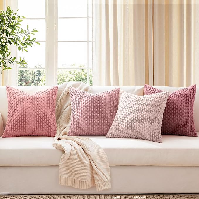 MIULEE Aesthetic Pink Decorative Throw Pillow Covers for Couch Living Room 18x18 Inch Set of 4 Cute Soft Cushion Covers Corduroy Pillowcases Spring Coquette Room Decor for Bed Sofa Room, Blush Rose