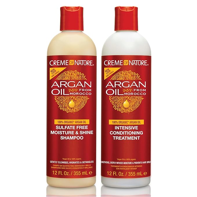Creme of Nature Argan Oil from Morocco Sulfate-Free Moisture and Shine Shampoo and Intensive Conditioning Treatment Set, Hydrating Shine-Enhancing Hair Care Duo, 2 Count, 12 oz Each
