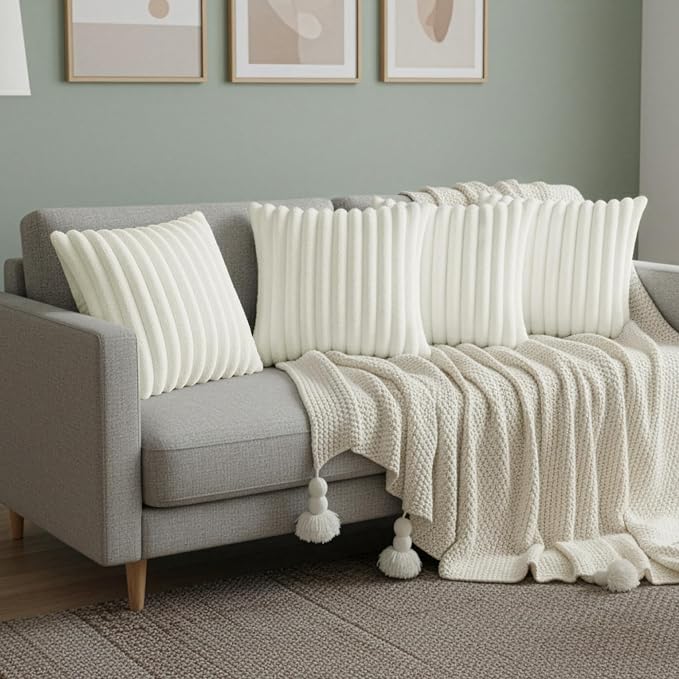 Cream White Throw Pillow Covers 12 x 12 set of 4, Cute Boho Throw Pillow Cover for Couch/Bed, Decorative Pillows Covers for Sofa/Bed, Accent Pillow Covers for Living Room, Rustic/Home/Room Decor