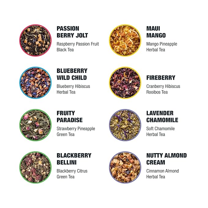 Tiesta Tea - Favorites Starter Sampler Dry Flight Set, Loose Leaf, High to No Caffeine, Makes Hot & Iced, Assorted Tea Sets with Herbal, Black, Fruit Blends & More, 8 Resealable Sample Pouches