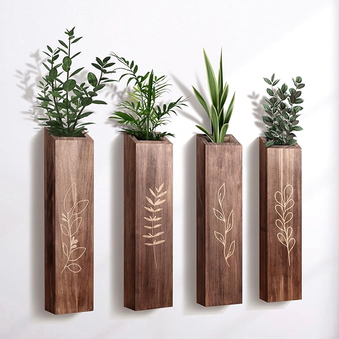 Wooden Wall Vase Planter Set of 4 | Brown Finish Farmhouse & Boho Wall Decor for Entryway, Hallway, Bathroom, Living Room, Dining Room