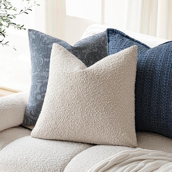 Foindtower Set of 2, Decorative Textured Boucle Throw Pillow Covers Accent Solid Pillow Cases Neutral Cozy Couch Cushion Case for Chair Sofa Bedroom Living Room Home Decor 16 x 16 Inch Ivory Beige