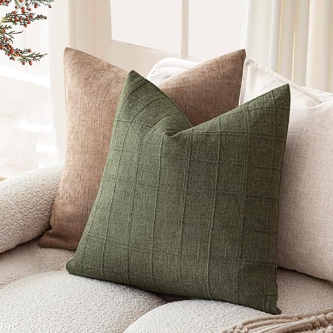 Foindtower Set of 2 Decorative Linen Check Throw Pillow Covers Neutral Farmhouse Vintage Cushion Covers Modern Boho Home Decor for Sofa Chair Couch Bedroom Living Room,20×20 Inch,Olive Green