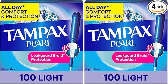 Tampax Pearl Tampons for Women, with LeakGuard Braid, Light Absorbency, Unscented,100 Count (Pack of 2)