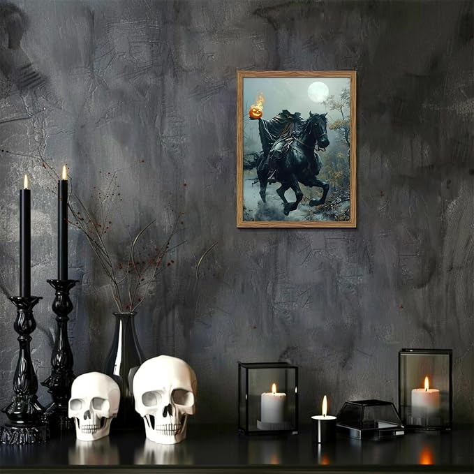 Vintage Framed Halloween Wall Art, Gothic Headless Horseman Pumpkin Picture Poster, Spooky Fall Forest Canvas Prints, Dark Academia Halloween Wall Decor for Living Room Bedroom 12x16 inch