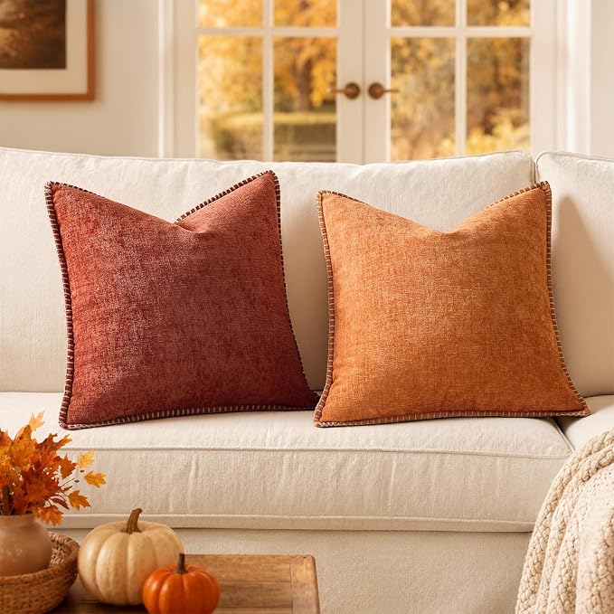 MIULEE Fall Decorative Couch Throw Pillow Covers 18x18 Inch Burnt Orange | 2 Pack, Terracotta Farmhouse Pillow Covers with Stitched Edge, Soft Chenille Cushion Cases, Sofa Bed Living Room Home Decor