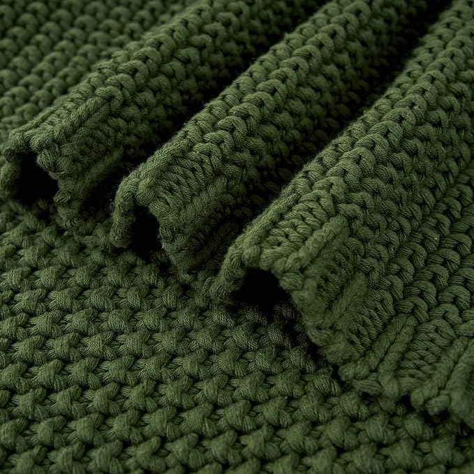 Chunky Cable Knit Throw Blanket Lightweight Olive Green 100% Organic Cotton Blanket for Sofa Couch Bed Baby Nursery, Rustic Shabby Chic Modern Farmhouse, 60” x 80” Give Laundering Bag
