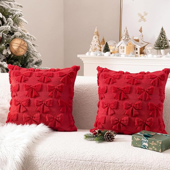 Mixweer Red Bow Pillow Covers Set of 2 Preppy Room Decor Coquette Cute Spring Summer Decorative Faux Fur Soft Bowknot Stuff Fluffy Plush Aesthetic Pillowcase for Bed Sofa Couch (20 x 20 Inch)
