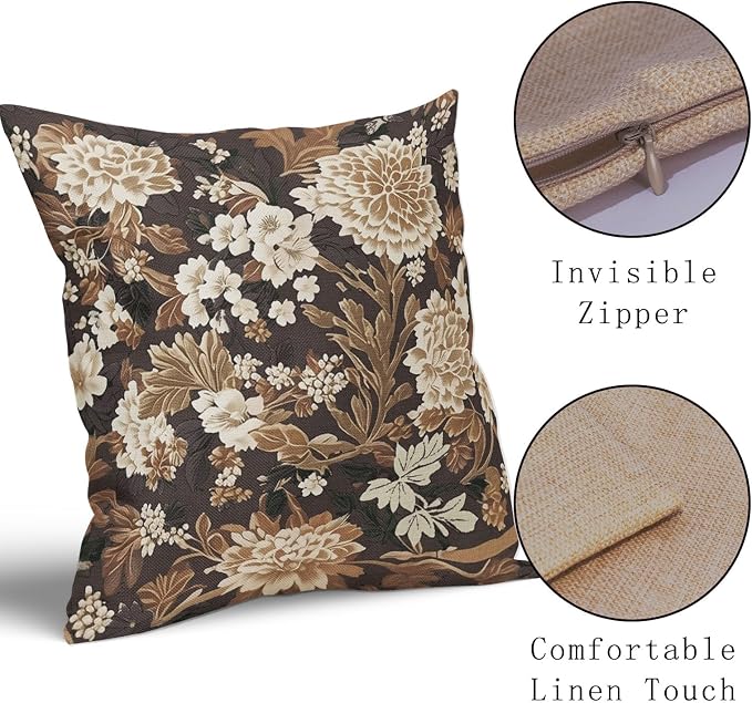 Vintage Floral Pillow Covers 20X20 Inch Set of 2 Boho White Flower Leaves Botanical Decorative Square Pillow Cases Brown Rustic Bohemian Cushion Case Farmhouse Home Decor for Sofa Couch