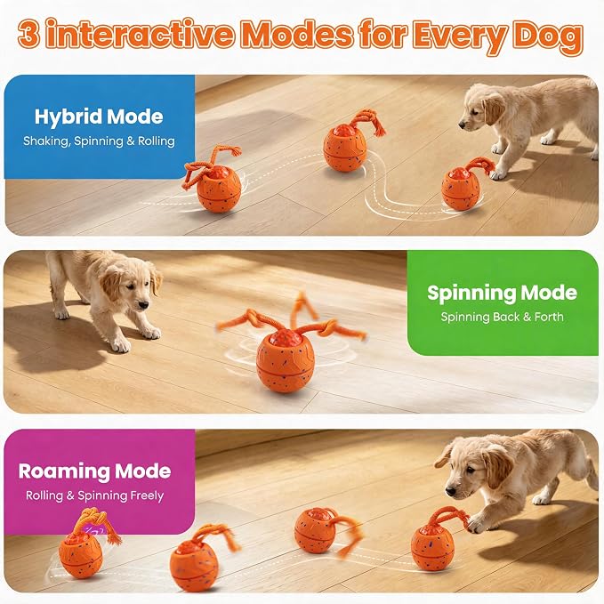 Interactive Dog Toy Ball, Automatic Bouncing Rotating, Realistic Dog Barking Sounds, E‑TPU, IP54, Rechargeable, for Small/Medium/Large Dogs, Indoor/Outdoor (Orange)