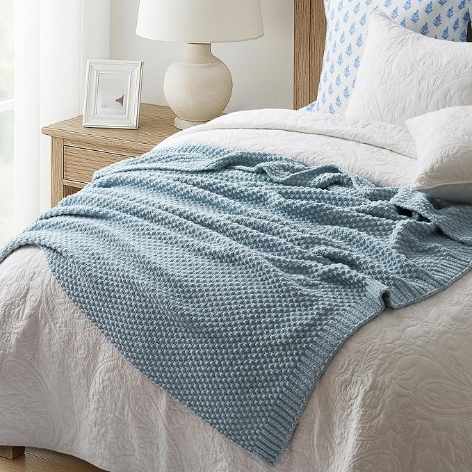 EVERGRACEHOME Chunky Chenille Knit Throw Blanket, 60 x 80, Chambray Blue | Sculpted Moss Stitch, Chic Modern Farmhouse, All-Season Warmth, OEKO-TEX® Certified, Elegant Blanket for Couch, Bed, Sofa