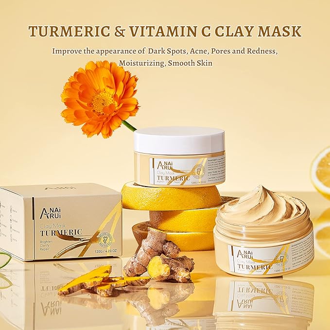 Turmeric Vitamin C Face Mask, Deeep Cleansing Clay Mask for Dull Skin, Skincare Facial Mask for Refining Pores and Controlling Oil, Smooth & Radiant Skin, Face Skincare Gifts, 4.23 OZ