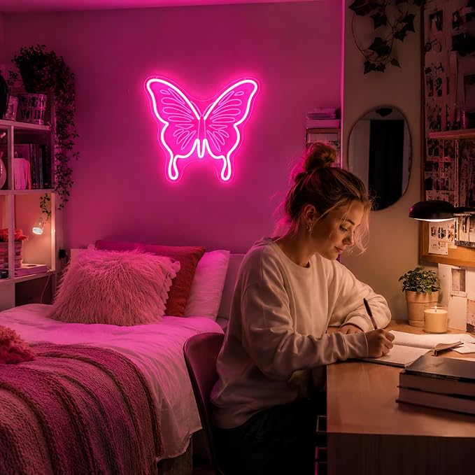 Neon Sign, Butterfly Neon Signs for Wall Decor LED Signs Neon Light | Butterfly Neon Sign, Pink LED Signs for Bedroom, Living Room, Party, Club, Bar, Home Decor, Pink Decor, Gift, USB Powered