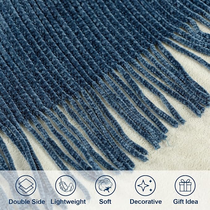 Blagic Chenille Throw Blanket for Couch and Bed,Dark Blue,50"x60" | Soft Farmhouse Boho Throw Blanket with Tassels,Decorative for Living Room,Stripe Textured Throws for Bed/Chair/Sofa