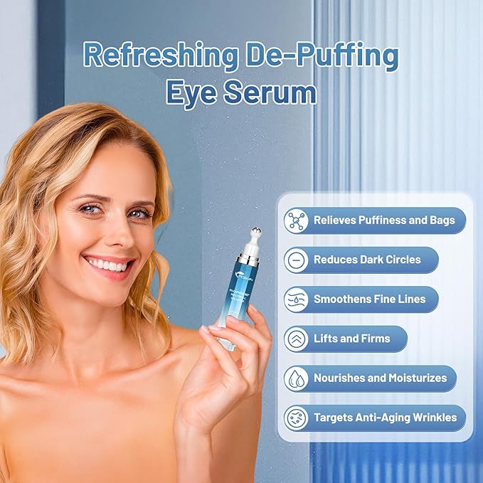 Dark Circle Serum - Caffeine Eye Cream for Puffiness & Fine Lines, 360° Cooling Roller Ball Massage for Morning Depuffing, 0.5 fl oz - Night Repair Treatment