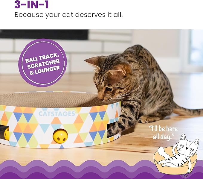 Catstages Bowl Track Scratcher 3-in-1 Ball Track, Scratcher, Lounger, 13.8" | Corrugated Scratch Pad & Lounger + Ball Track Cat Toy with 2 Balls for Interactive Play, Indoor Enrichment, Cats & Kittens