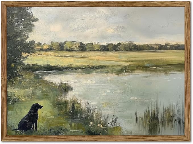 Framed Vintage Hunting Black Dog Wall Art, Rustic Country Nature Landscape Pictures Wall Decor, Farmhouse Animal Paintings Canvas Prints Aesthetic Home Decor for Living Room Bedroom 8x10 inch