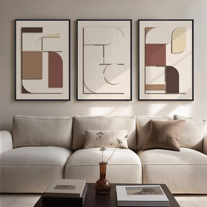 Large 3D Textured Framed Neutral Abstract Wall Art, Beige Brown Geometric Paintings Artwork for Walls, 3 Piece Modern Minimalist Earth Tone Pictures for Living Room Dining Bedroom Wall Decor 20x30 In