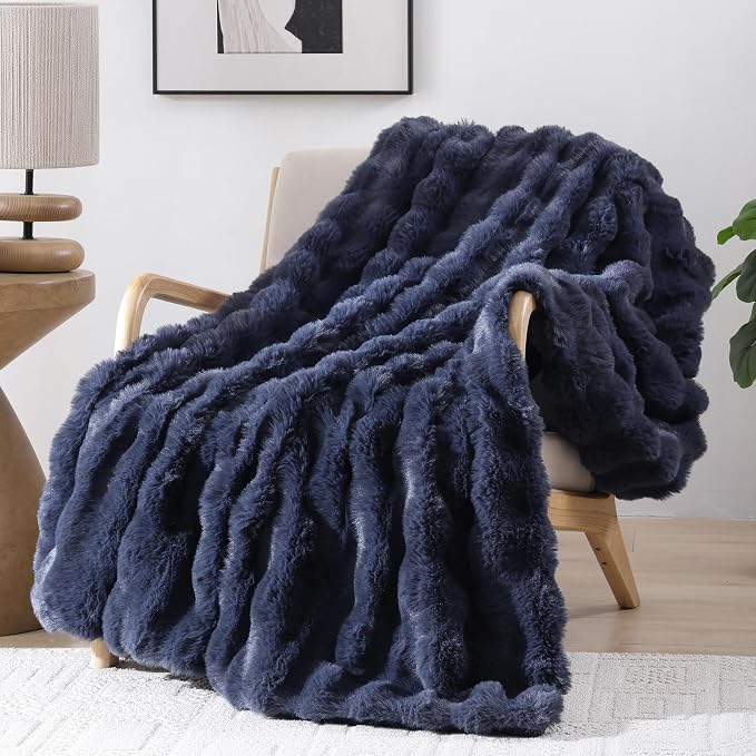 Faux Rabbit Fur Throw for Couch - Navy Blue Bubble Blanket 60"x80" | Fluffy Plush Fuzzy Throw for Sofa & Bed, Super Soft Cozy Comfrt Blanket, Luxury Aesthetic Navy Blue Decor Gift for Women