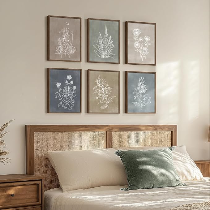 Framed Boho Botanical Wall Art for Living Room, 6 Piece Modern Farmhouse Neutral Floral Canvas Painting Prints, Minimalist Vintage Flower Plants Line Artwork for Bedroom Hallway Wall Decor, 11x14 In