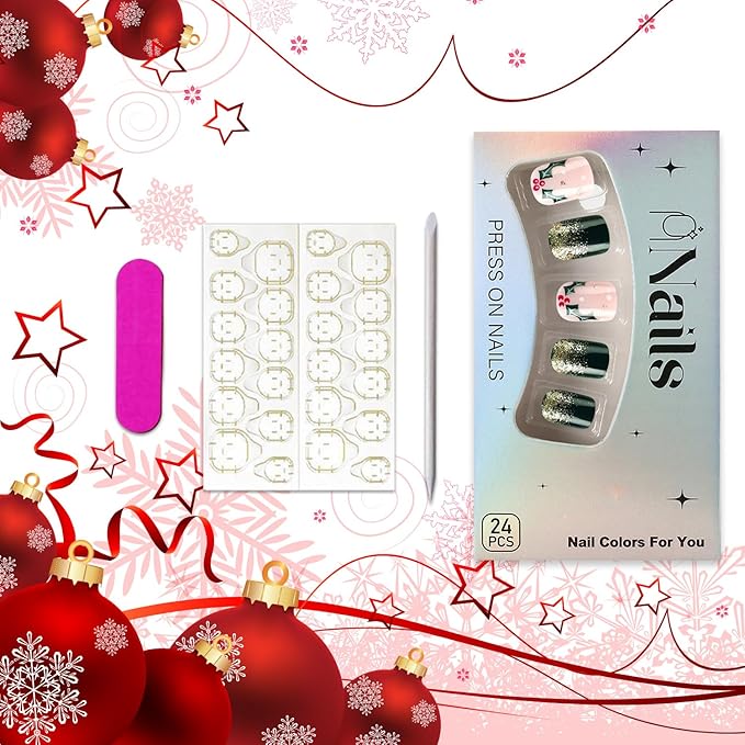 Gold Glitter Green Christmas Press on Nails Short Square Xmas False Nails Glossy Winter Christmas Glue on Nails Full Cover Acrylic Fake Nails for Women Girls