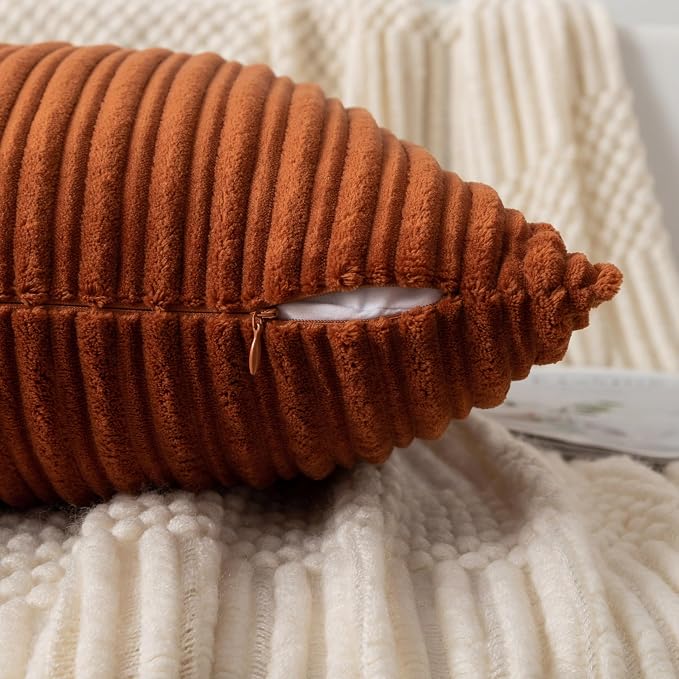 UGASA Fall Velvet 24x24 Inch Soft Throw Pillow Cover Boho Farmhouse Decorative Corduroy Striped Both Sides Solid Square Cushion Case for Couch Bedroom Sofa Home, 1 Piece, Burnt Orange