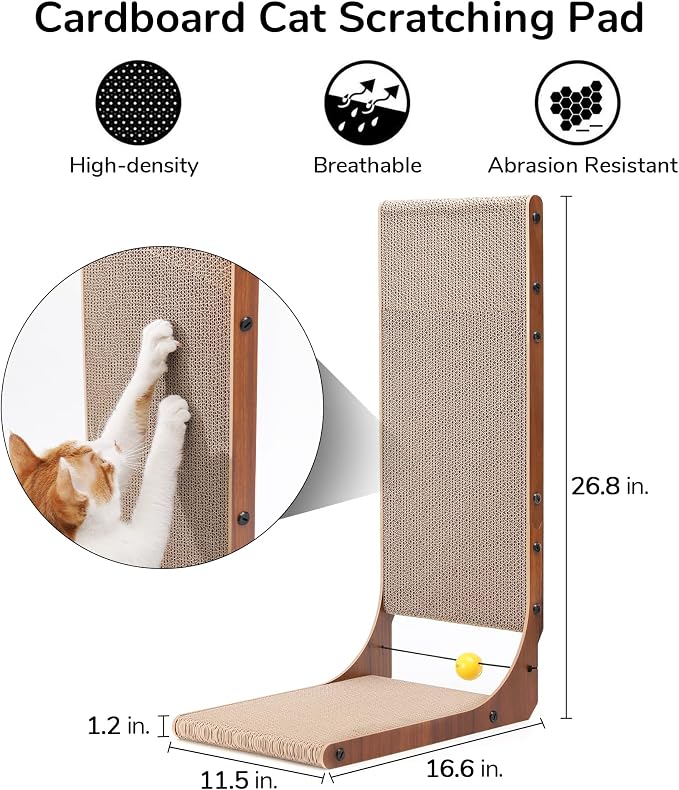 FUKUMARU Cat Scratcher for Indoor Cats, 26.8 Inch Cat Scratch Pad L Shaped | Cardboard Cat Scratcher, Vertical Cat Scratching Board with Ball Toy, Walnut Color, 1 Pack
