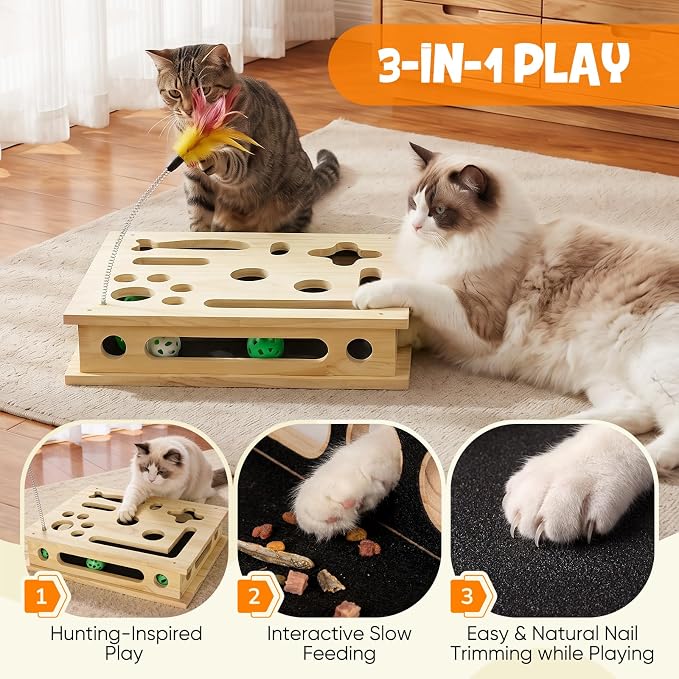SENNOVI Large Wooden Cat Puzzle Feeder & Scratcher Box, Interactive Toy